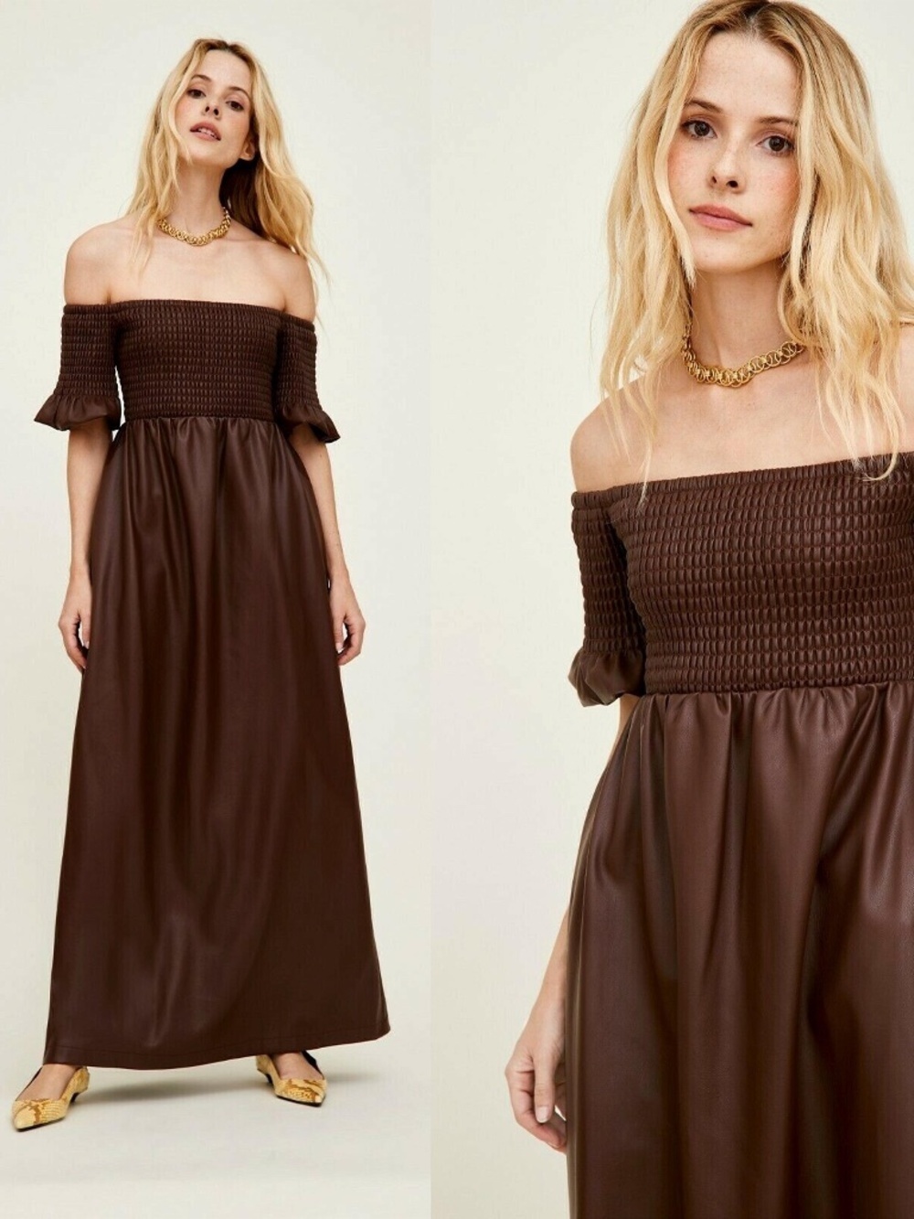 STAUD | Mae Off-The-Shoulder Vegan Leather Maxi Dress in Bark | Size XS